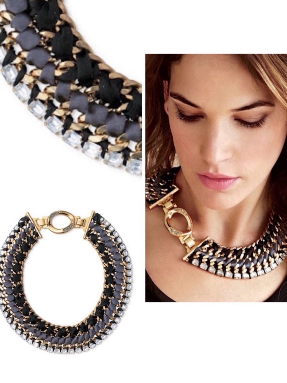 Stella & Dot Black and Gold Woven Crystal Collar Necklace